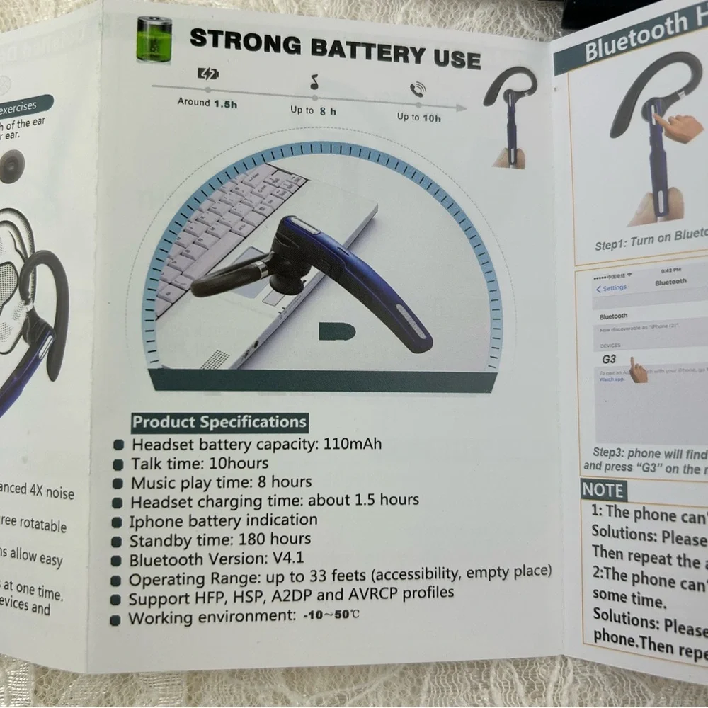 Bluetooth Wireless Headset Earpiece Mic Handsfree Single for Smartphones Music
